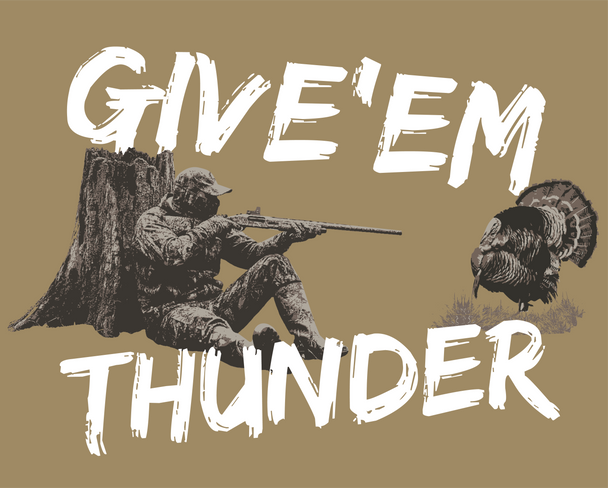 Close-up of the back graphic on the EGW Give'Em Thunder Turkey T-shirt, highlighting the printed artwork.