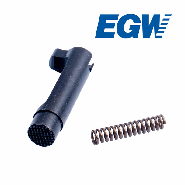 Front view of the blue EGW Springfield Prodigy magazine catch with the included magazine catch spring.