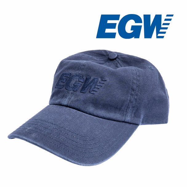 EGW Classic Dad Hat worn at a front three-quarter angle. Relaxed fit cap with pre-curved bill, soft unstructured crown, and embroidered EGW logo. Casual broken-in look for everyday wear, range days, and shop use.
