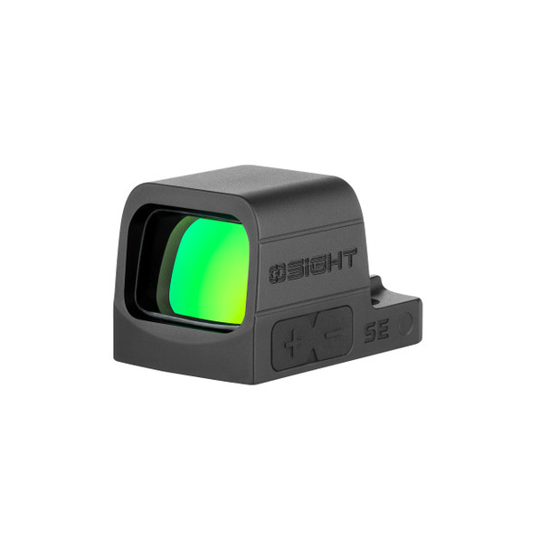 Front right 3/4 view of the Osight SE enclosed green dot sight with RMSc footprint, featuring a 2 MOA dot and 32 MOA circle reticle.