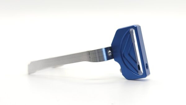 Right side view of the Red Dirt ST F3 SteppedFace Trigger in Blue for the Springfield Prodigy and Alpha Foxtrot Romulus, showing the trigger shoe and trigger bow.