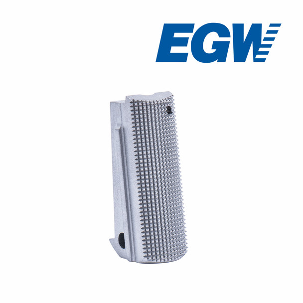 EGW Stainless Steel Mainspring Housing for the Springfield Prodigy Compact Grip Module shown in a rear three-quarter view. Precision-machined from stainless steel and featuring 25 LPI (lines per inch) checkering for an enhanced, non-slip grip. The image highlights the clean machining, checkered texture, and contoured profile designed to improve handling, control, and durability while complementing the Springfield Prodigy Compact pistol.