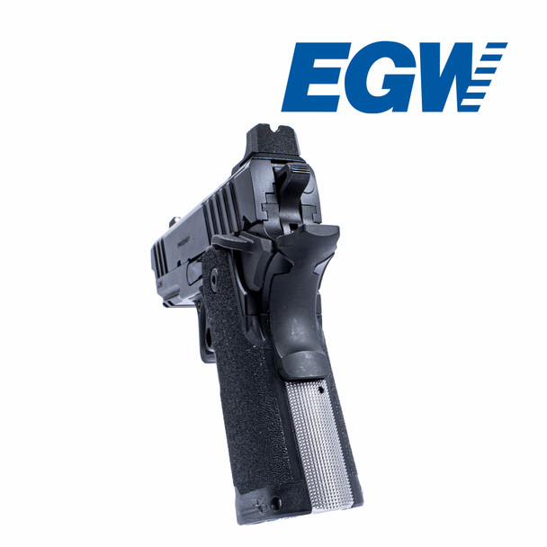 Rear view of a Springfield Prodigy 3.5-inch pistol with the EGW Stainless Steel Mainspring Housing installed in the compact grip module. The image highlights the precision fit of the mainspring housing and its 25 LPI checkering, providing enhanced grip and control while maintaining the factory profile of the pistol. Precision-machined from stainless steel for improved durability and a seamless fit on the Springfield Prodigy 3.5" platform.