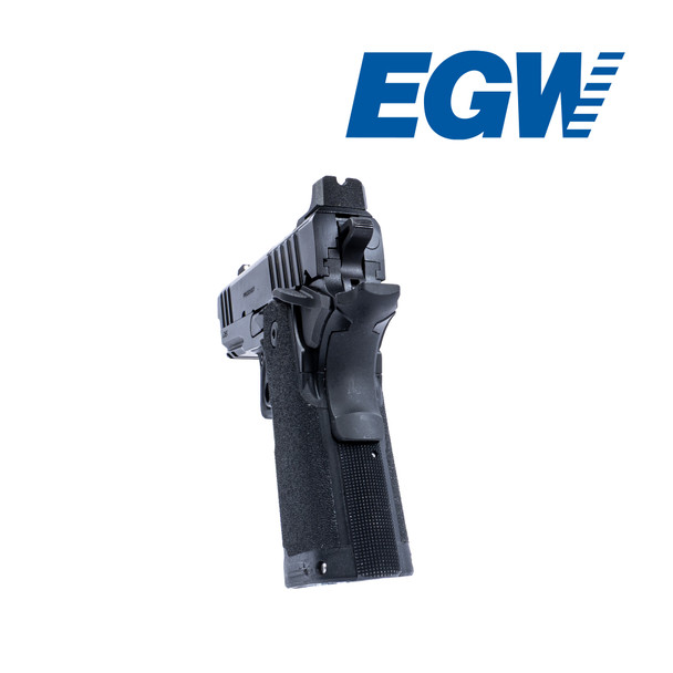 Rear view of a Springfield Prodigy 3.5-inch pistol with the EGW Blued Steel Mainspring Housing installed in the compact grip module. The image highlights the precision fit of the mainspring housing and its 25 LPI checkering, providing enhanced grip and control while maintaining the factory profile of the pistol. Precision-machined from blued steel for improved durability and a seamless fit on Springfield Prodigy 3.5-inch and 4.25-inch pistols equipped with the compact grip module.