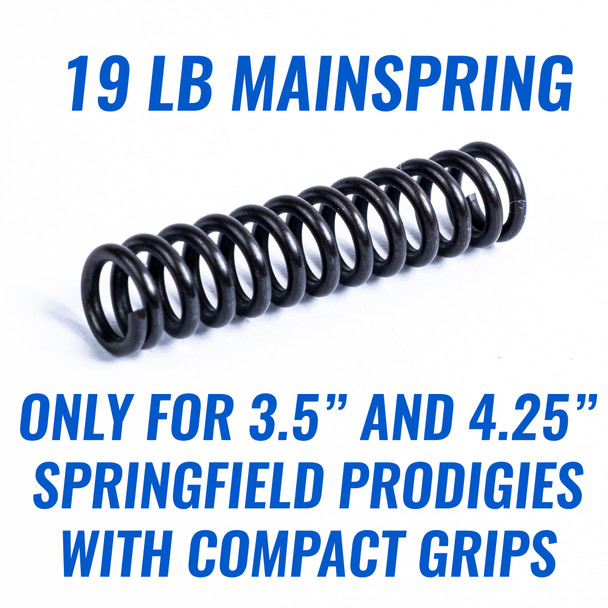 EGW 19 lb Mainspring for Springfield Prodigy 3.5-inch Compact pistols shown in a close-up product view. Precision-manufactured mainspring designed to provide consistent hammer energy, reliable ignition, and dependable cycling. Compatible with Springfield Prodigy 3.5-inch and 4.25-inch pistols equipped with the compact grip module, making it an ideal replacement spring or component for the EGW Mainspring Housing Build Kit.
