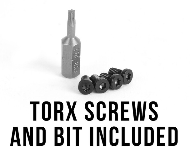 Included Torx driver bit and mounting screws for the EGW Burnt Bronze 0 MOA Picatinny Scope Rail for Marlin 1895, Marlin 336, Marlin 375, Marlin 444, Camp Carbine 9mm, Camp Carbine .45, and Rossi 95 rifles. Hardware kit shown on a clean white background, featuring the precision Torx bit and mounting screws required for secure installation of the optics rail.
