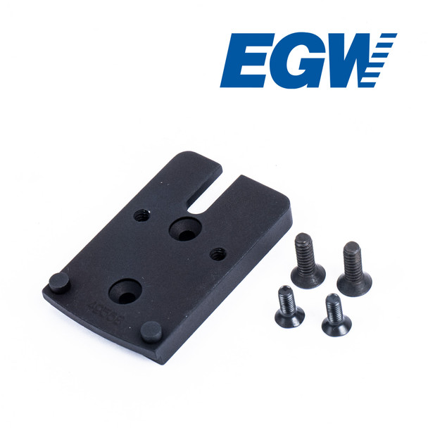 Top rear right 3/4 view of the EGW Trijicon RMR / SRO and Holosun 407C / 507C adapter plate for the Beretta 92 RDO with included mounting screws. Machined from aircraft-grade aluminum.