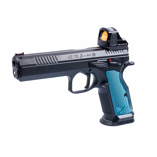 Left-side four-fifths angled view of the EGW Slide Stop installed on a CZ Shadow 2 equipped with a red dot optic, providing a detailed view of the slide stop’s fit, profile, and placement on the pistol.