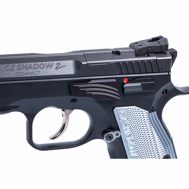 Left-side view of the EGW Slide Stop installed in a compatible CZ pistol, showing its position, fit, and relationship to the frame and controls. Designed for CZ TS2, TSO, Shadow 2, and SP-01 models.