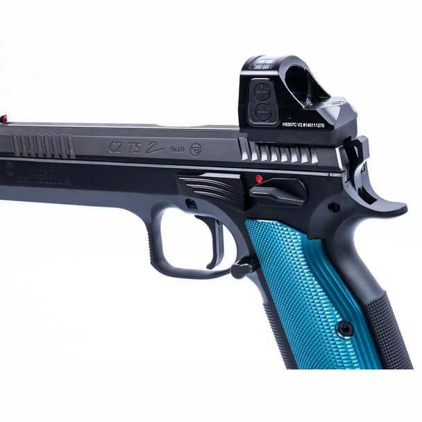 Left-side view of the EGW Slide Stop installed on a CZ Shadow 2 equipped with a red dot optic, clearly showing the slide stop’s installed position, profile, fitment, and relationship to the pistol’s frame and controls.