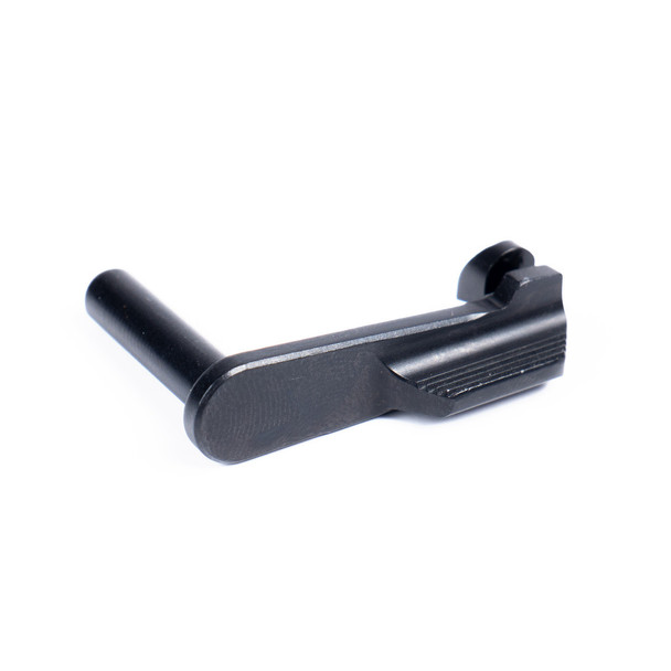 Left three-quarter view of the complete EGW 1911 Ridge Slide Stop for .45 ACP, showing the machined solid slide stop body and blue finish.