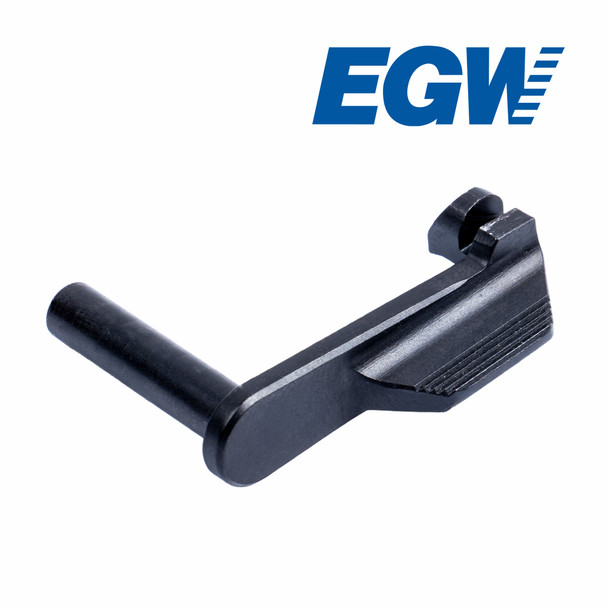 EGW Double Stack .45 ACP Slide Stop with .200" pin in blue finish, shown from the front 3/4 angle. Full view highlights the wide paddle designed for easier slide stop engagement.