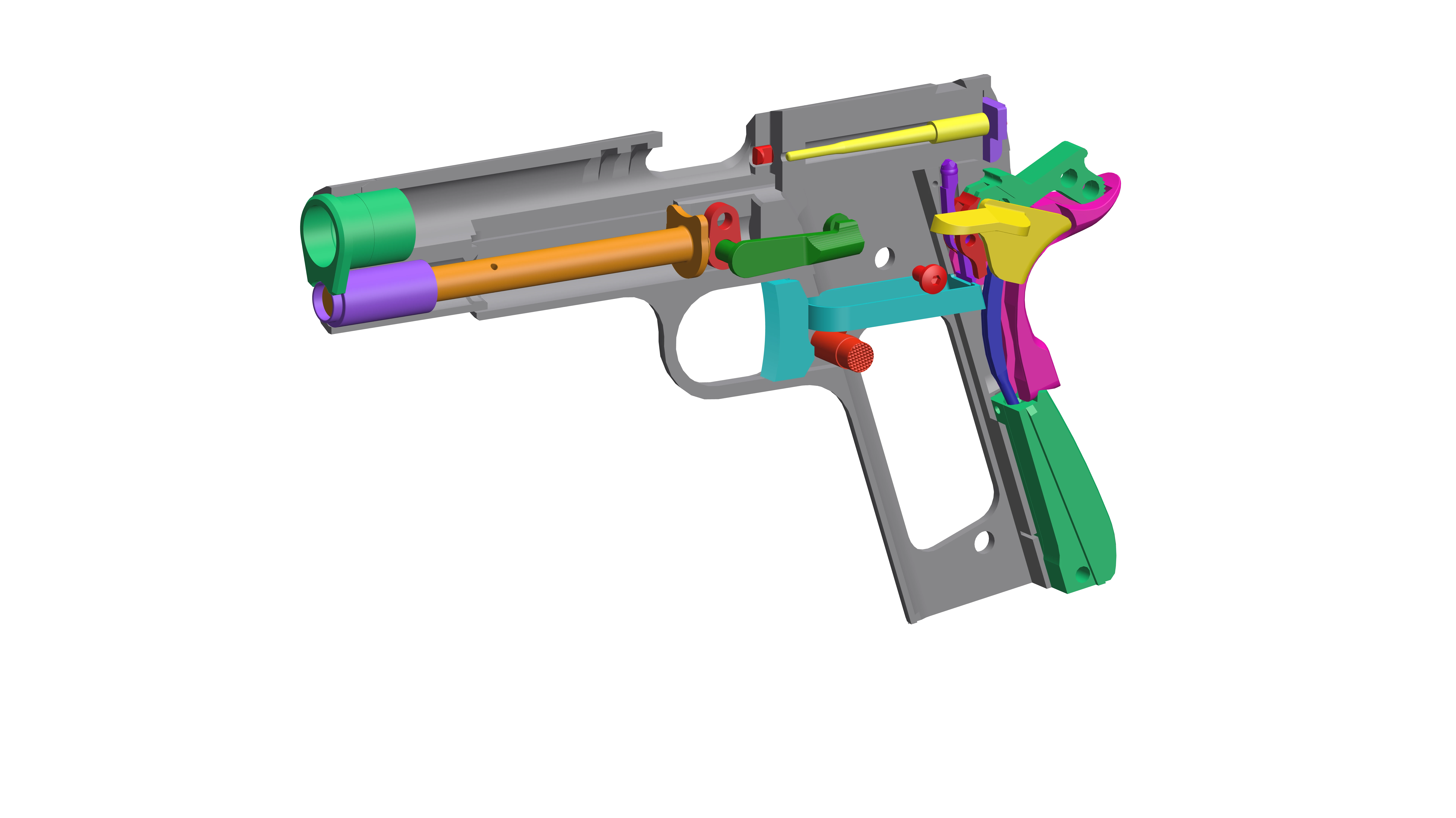 Cutaway CAD rendering of a 1911 pistol showing its internal components