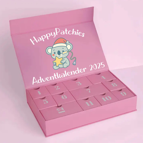 HappyPatchies Adventkalender 2025 – roze adventkalender met koala en 12 vakjes