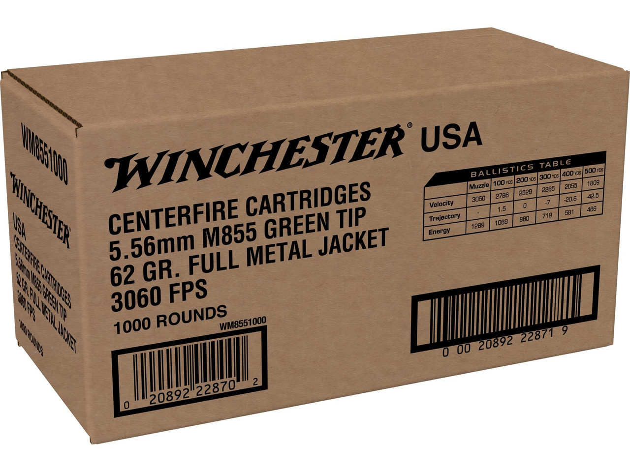 Winchester USA Ammunition 5.56x45mm NATO 62 Grain M855 SS109 Penetrator Full Metal Jacket 1000 rounds