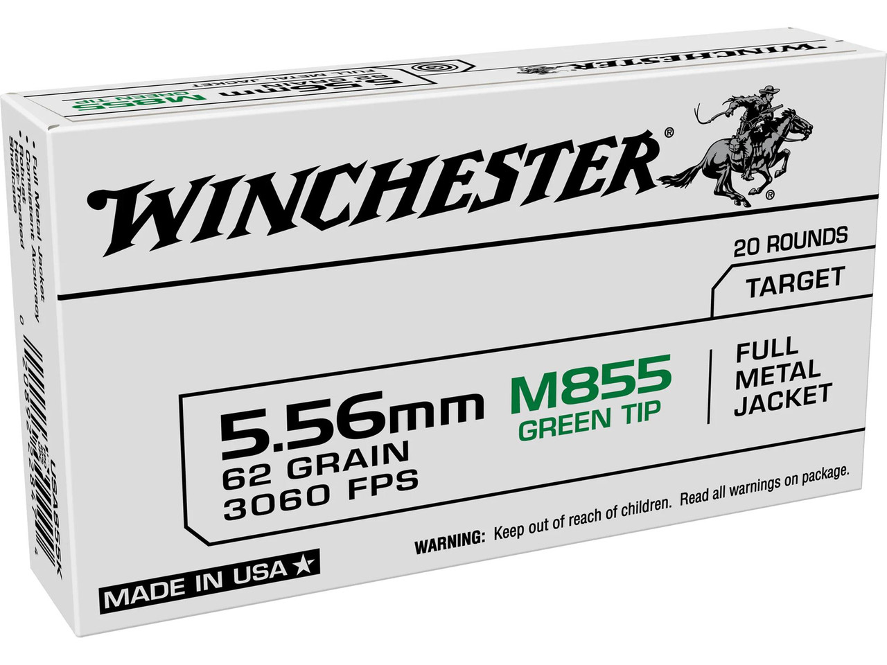 Winchester USA Ammunition 5.56x45mm NATO 62 Grain M855 SS109 Penetrator Full Metal Jacket 20 count