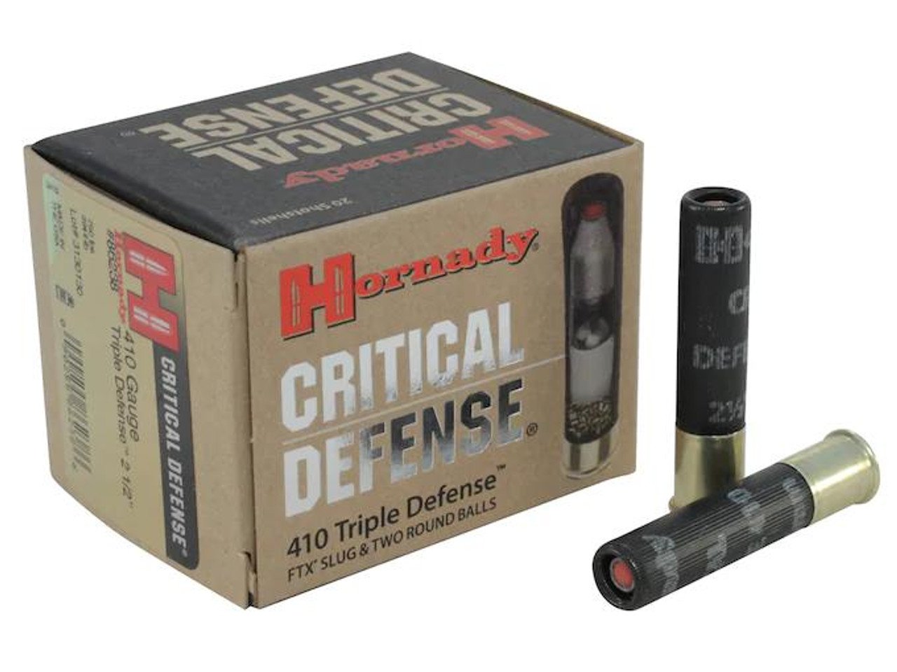 Hornady Critical Defense .410 Bore 2-1/2" 41 Caliber FTX Slug over Two 35 Caliber Lead Round Balls 20 rds. Hornady Critical Defense .410 Bore 2-1/2" 41 Caliber FTX Slug over Two 35 Caliber Lead Round Balls 20 rds.