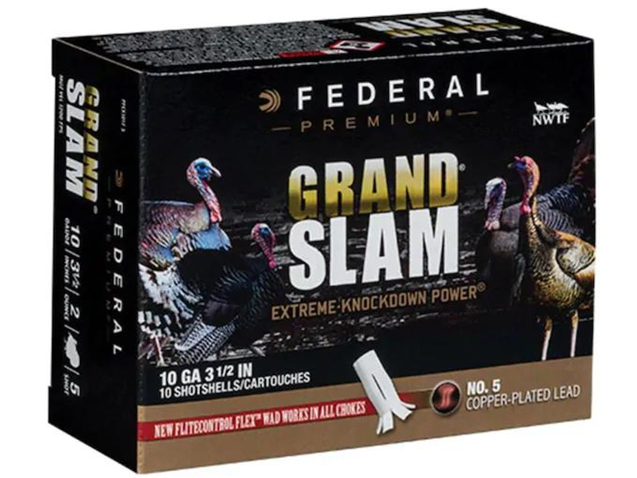 Federal Grand Slam Turkey 10 Gauge 3-1/2" 2 oz. #5 Buffered Copper Plated Shot Flightcontrol Flex Wad 10 rds.