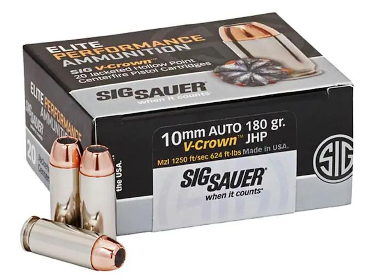 Sig Sauer Elite Performance 10mm Auto 180 gr V-Crown Jacketed Hollow Point 20 rds. Sig Sauer Elite Performance 10mm Auto 180 gr V-Crown Jacketed Hollow Point 20 rds.
