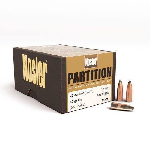 Nosler Partition Bullets 22 Caliber .224 Diameter 60 Grain Spitzer Box of 50