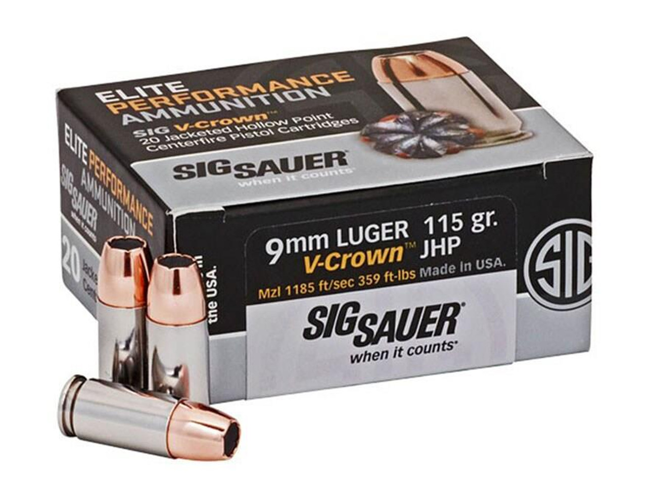 Sig Sauer Elite Performance Ammunition 9mm Luger 115 Grain V-Crown Jacketed Hollow Point Box of 20 Sig Sauer Elite Performance Ammunition 9mm Luger 115 Grain V-Crown Jacketed Hollow Point Box of 20