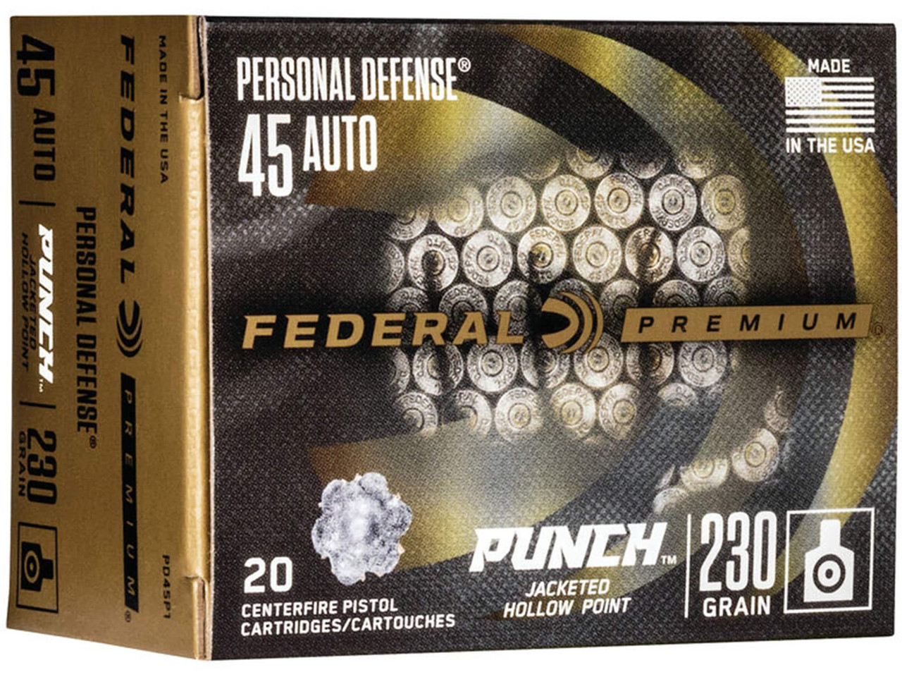 Federal Premium Personal Defense Punch Ammunition 45 ACP 230 Grain Jacketed Hollow Point Box of 20