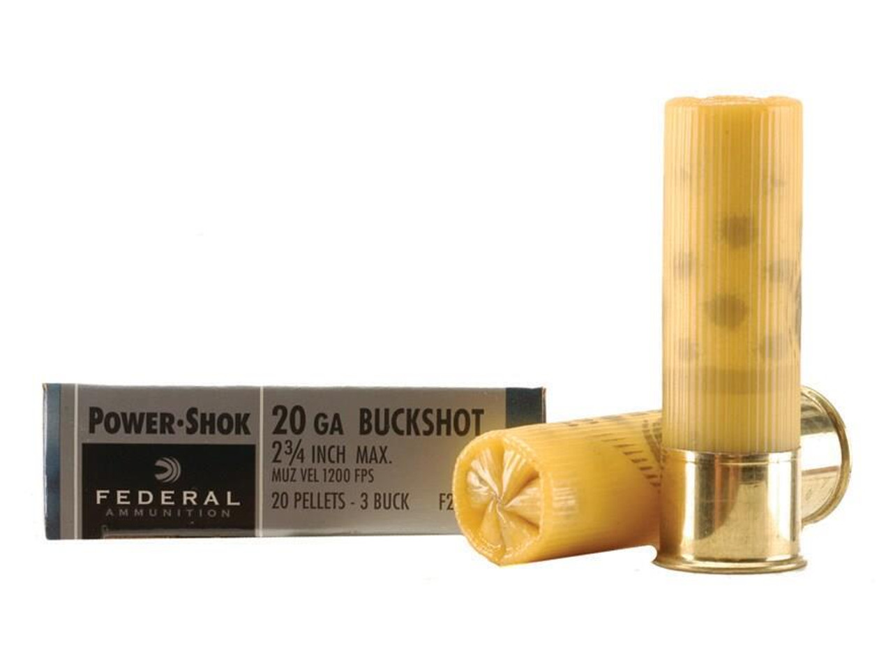 Federal Power-Shok Ammunition 20 Gauge 2-3/4" Buffered #3 Buckshot 20 Pellets Box of 5 #F2033B Federal Power-Shok Ammunition 20 Gauge 2-3/4" Buffered #3 Buckshot 20 Pellets Box of 5 #F2033B
