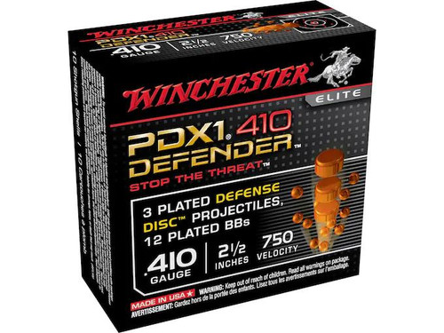 Winchester PDX1 Defender .410 Bore 2-1/2" 3 Disks over 1/4 oz. #BB Shot 10 rds. Winchester PDX1 Defender .410 Bore 2-1/2" 3 Disks over 1/4 oz. #BB Shot 10 rds.