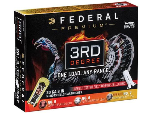 Federal 3rd Degree Turkey 20 Gauge 3" 1-7/16 oz. #5, #6, #7 Shot Multi Shot Flitecontrol Flex Wad 5 rds. Federal 3rd Degree Turkey 20 Gauge 3" 1-7/16 oz. #5, #6, #7 Shot Multi Shot Flitecontrol Flex Wad 5 rds.