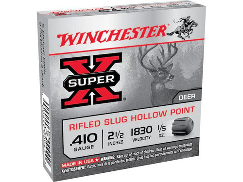 Winchester Super-X .410 Bore 2-1/2" 1/5 oz. Rifled Slug 5 rds. Winchester Super-X .410 Bore 2-1/2" 1/5 oz. Rifled Slug 5 rds.