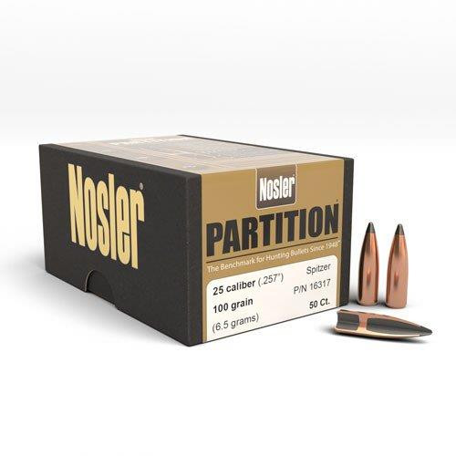 Nosler Partition Bullets 25 Caliber .257 Diameter 100 Grain Spitzer Box of 50