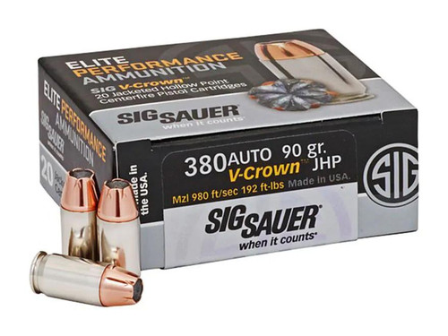 Sig Sauer Elite Performance Ammunition 380 ACP 90 Grain V-Crown Jacketed Hollow Point Box of 20