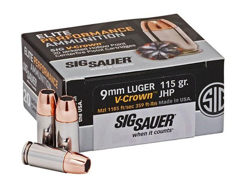 Sig Sauer Elite Performance Ammunition 9mm Luger 115 Grain V-Crown Jacketed Hollow Point Box of 20 Sig Sauer Elite Performance Ammunition 9mm Luger 115 Grain V-Crown Jacketed Hollow Point Box of 20