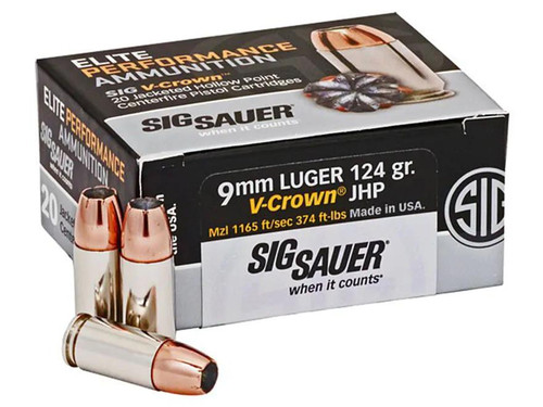 Sig Sauer Elite Performance Ammunition 9mm Luger 124 Grain V-Crown Jacketed Hollow Point Box of 20 Sig Sauer Elite Performance Ammunition 9mm Luger 124 Grain V-Crown Jacketed Hollow Point Box of 20