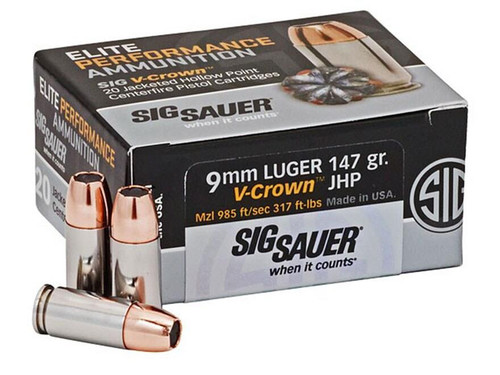 Sig Sauer Elite Performance Ammunition 9mm Luger 147 Grain V-Crown Jacketed Hollow Point Box of 20