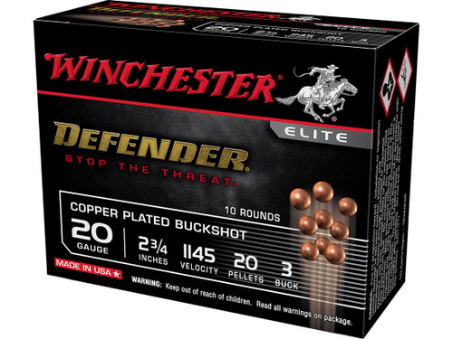 Winchester Defender Ammunition 20 Gauge 2-3/4" #3 Plated Buckshot 20 Pellets #SB203PD Winchester Defender Ammunition 20 Gauge 2-3/4" #3 Plated Buckshot 20 Pellets #SB203PD
