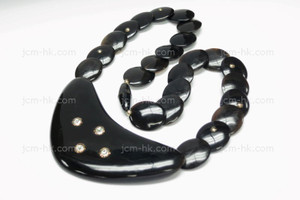 88x38mm Buffalo Horn & Onyx & Rhinstone with 14k 585 Gold Necklace 18" [z7701]