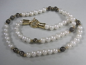 6-7mm Pearl Necklace 18" + 925 Silver Beads, 18K G.P.Clasp [e529]