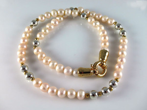 6-7mm Pearl Necklace 18" + 925 Silver Beads, 18K G.P.Clasp [e1991]