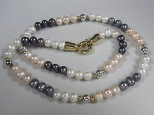 6-7mm Pearl Necklace 18" + 925 Silver Beads, 18K G.P.Clasp [e521]