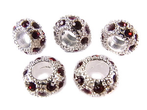 10x6mm Red Crystal Euro Beads Zinc Silver 5mm Hole 5pcs. [y238c]