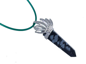 925 Sterling Silver 45mm Snowflake Obsidian Healing Crystal Point Pendant [y735-b25]