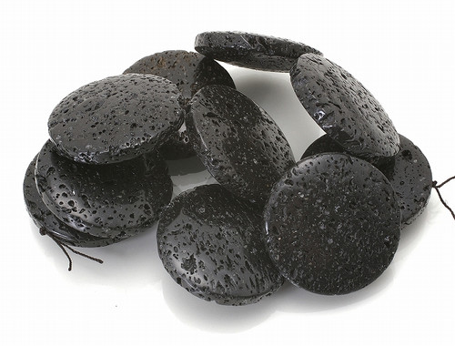 15mm Black Lava Puff Coin Beads 15.5" natural [s406]