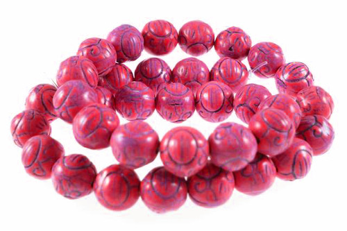 10mm Red Magnesite Craved Round Beads 15.5" [t379r]