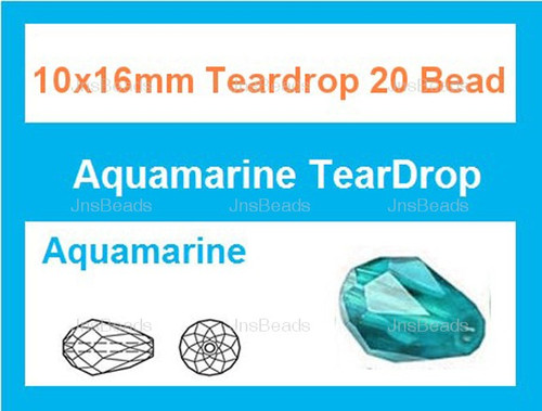 10x16mm Aquamarine Crystal Ab Teardrop 20 Beads