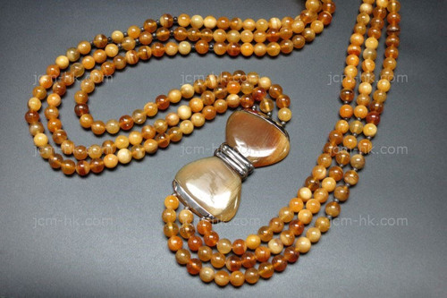 70x40mm Amber Horn 8mm 3-row Necklace 34" with 925 Sterling Silver [z7740]