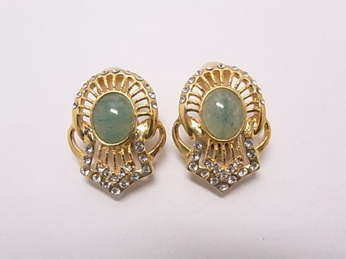 20x26mm Green Aventurine Clip Earring With Cubic Zirconia [e1378]