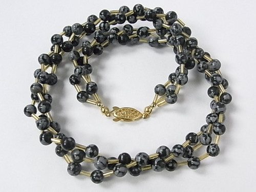 6mm 3-Rw Snowflake Obsidian Beads Necklace 18" [e1544]