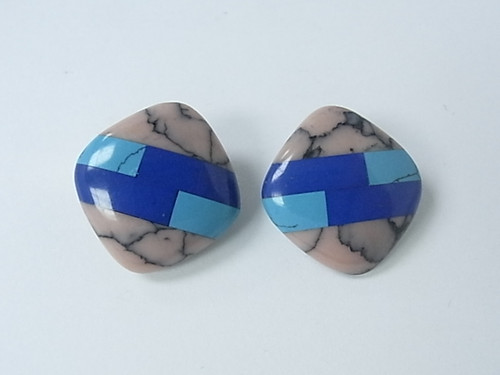 22mm Rhodonite, Turquoise & Lapis Mosaic Clip Earring [e1457]