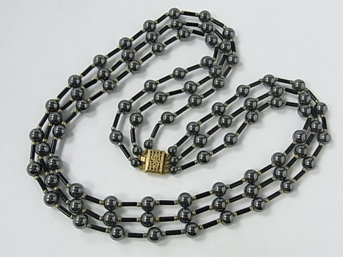 6mm 3-Row Hematite & Onyx Beads Necklace 18" [e1524]